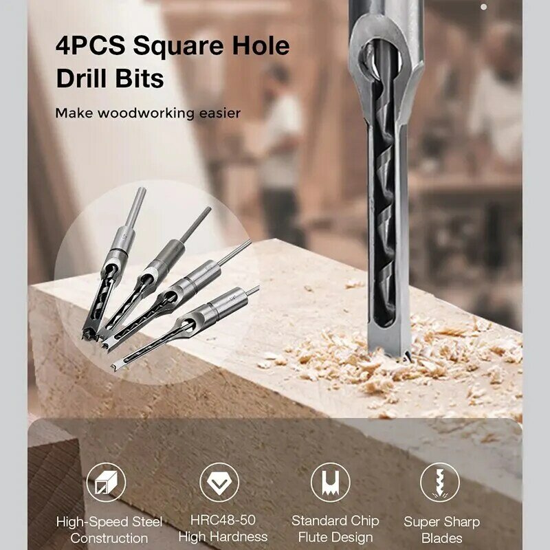 4pcs Woodworking Tools HSS Square Hole Drill Bit Auger Bit Steel Mortising Drilling Craving Carpentry Tools Woodworking Drill