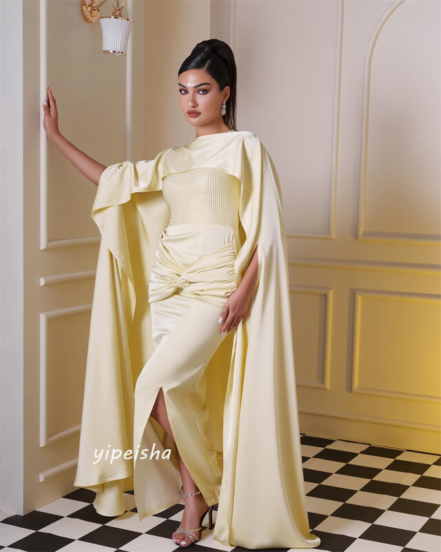 Prom Dress Saudi Arabia   Satin Pleat Wedding Party A-line High Collar Bespoke Occasion  Ankle Length