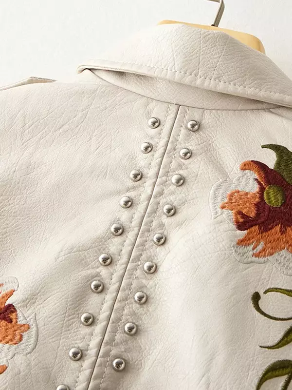 女性のためのレトロな花柄の刺繍が施された合成皮革のジャケット
