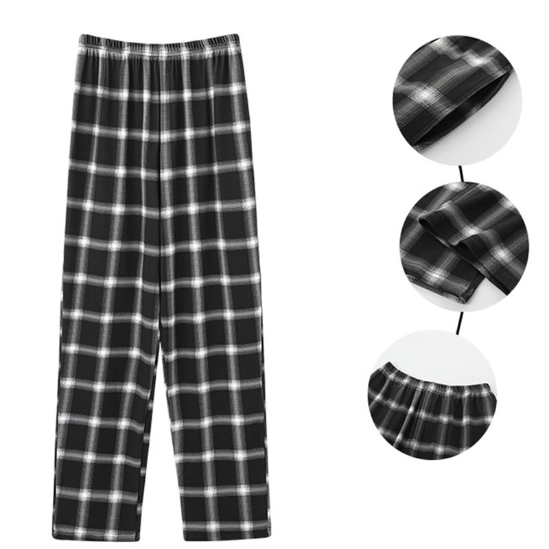 Pijama xadrez de algodão flanela masculino, calça casual para dormir, calça solta, calça lounge, calça de pijama