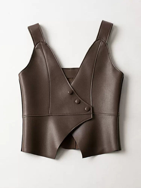 New Women Spring Autumn Leather Vest Fashion Asymmetric V-Neck Sheepskin Sleeveless Jacket Casual Slim Vest Split Leather