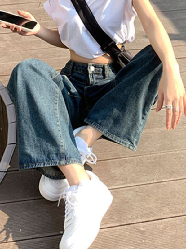 Jeans donna gamba larga allentata Vintage Casual sbiancato Streetwear All-match semplice stile coreano primavera pantaloni a vita alta classici