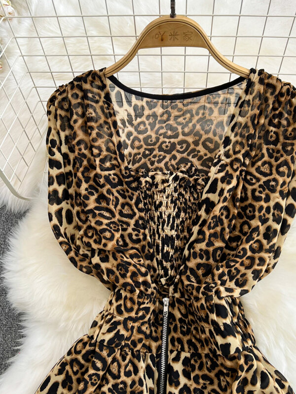 EWQ High Street Leopard tuta per donna scollo a V senza maniche cerniera vita alta abbigliamento allentato moda 2024 estate nuovo 27 c449