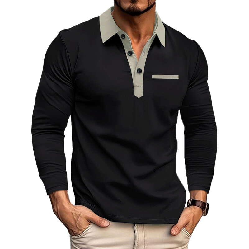 Camiseta masculina de poliéster de manga comprida colorblock, camiseta outono, nova lapela de férias, leve estiramento, feriado, masculino