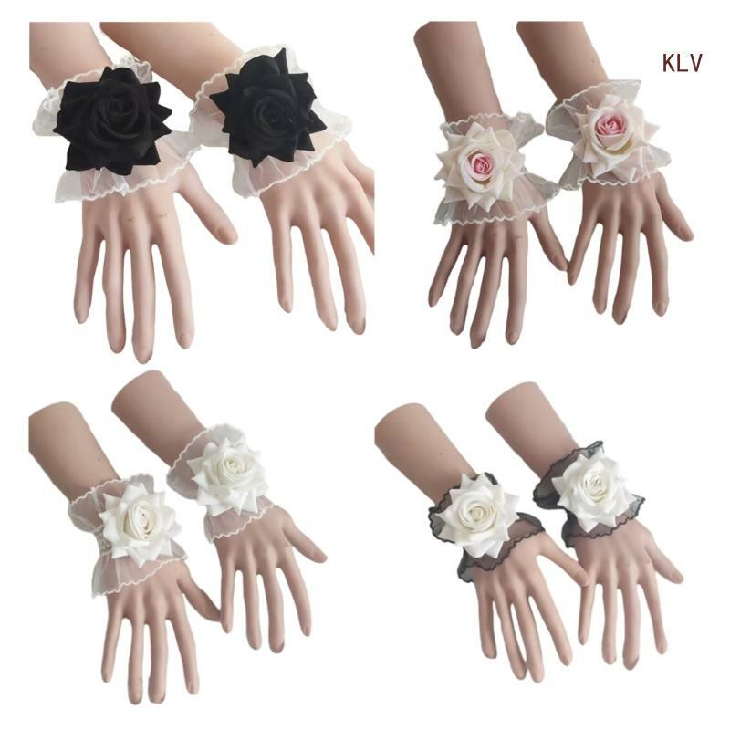 Y2K-Manchette en dentelle rose florale, bracelet commandé, mancommuniste de poignet à fausses manches, gants de poignet en dentelle florale transparente vintage