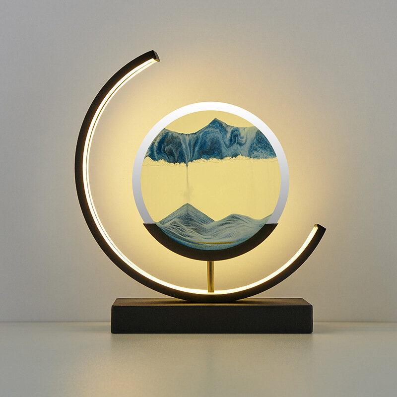 Kształt księżyca ruchoma lampa stołowa z ruchomym piaskiem lampka na biurko z odległym 3D naturalnym krajobrazem płynącym z piasku