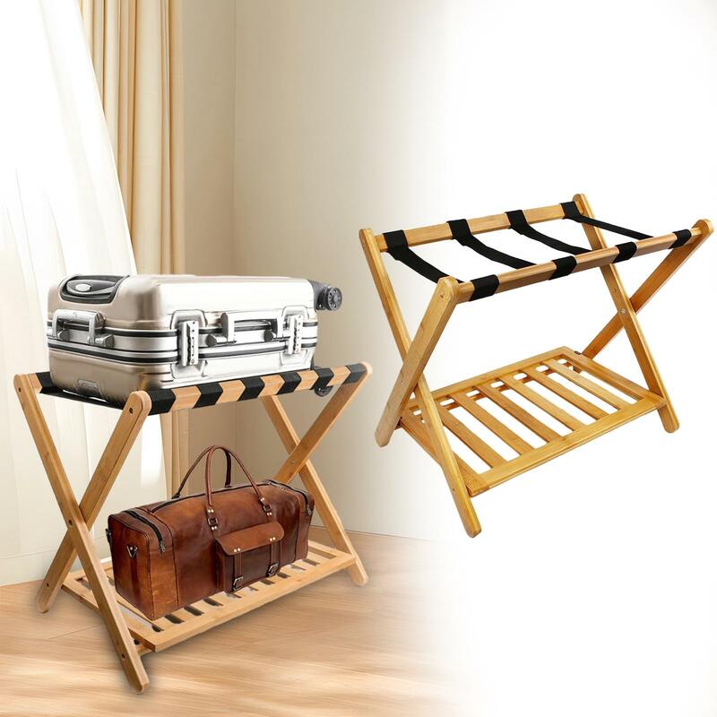 Suitcase Stand Bamboo Heavy Duty Organizer Folding Luggage Rack Luggage Holder with Storage Shelf for Bedroom Hotel Guest Room