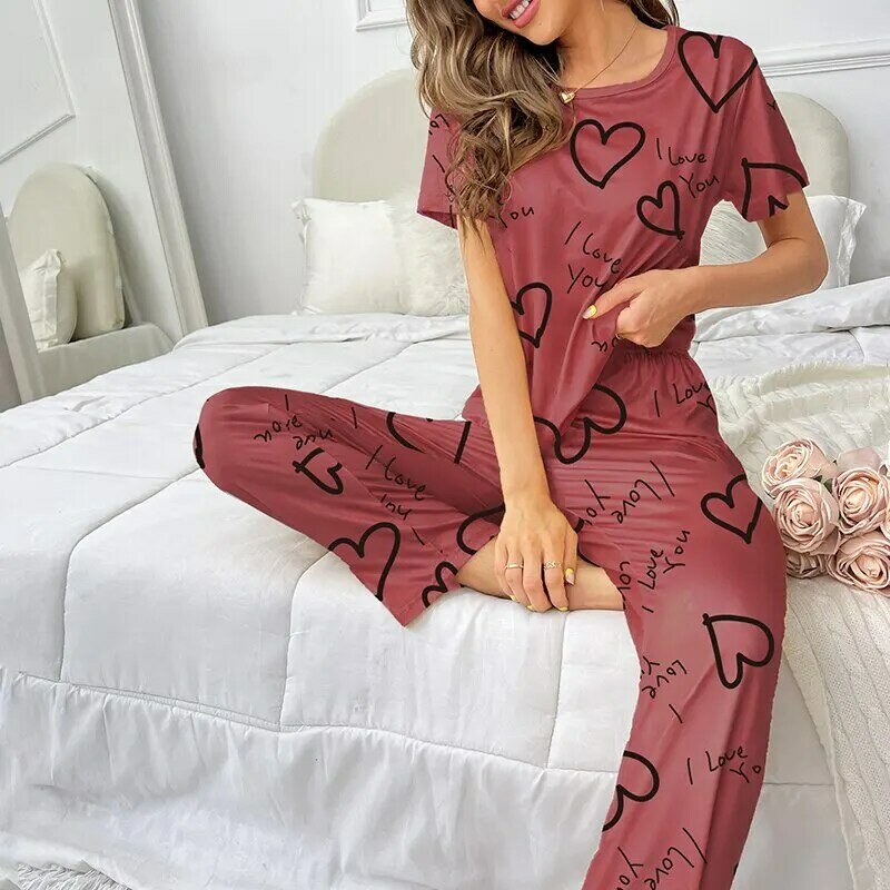 Женский пижамный комплект, рубашка с коротким рукавом и брюки, одежда для сна из двух предметов, пижама, домашняя одежда