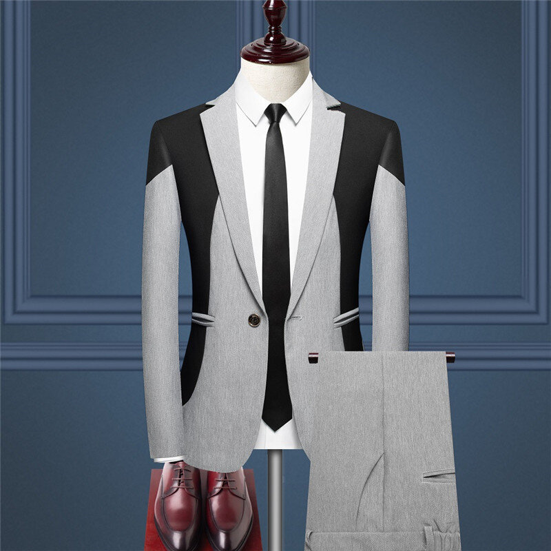 Traje de empalme de moda para hombre, traje de 2 piezas, negro y blanco, traje de negocios para boda, graduación, fiesta Social, conjunto de americana y pantalones ajustados