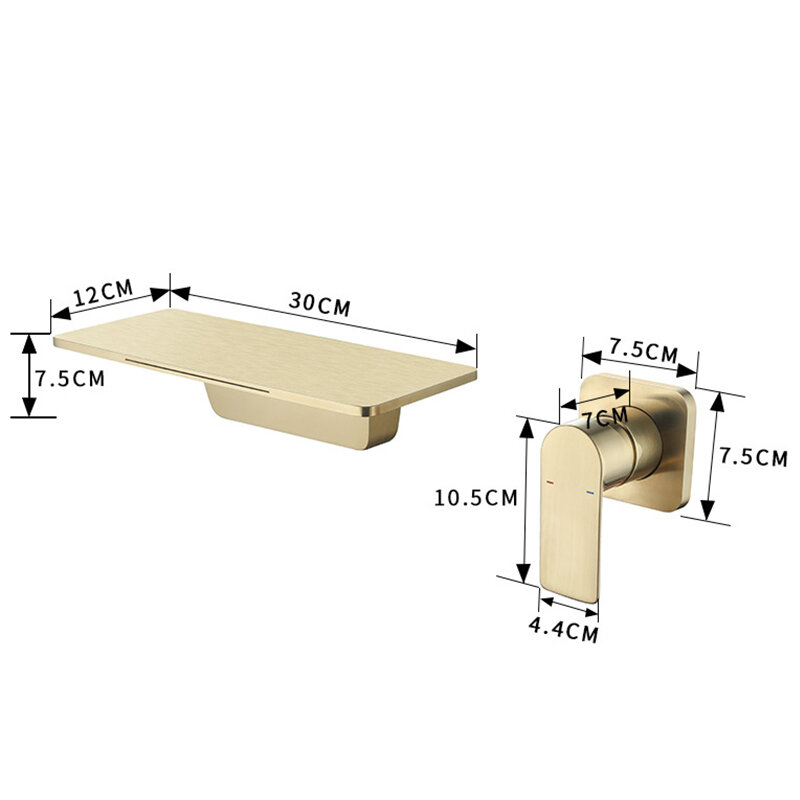 Grifo de lavabo de latón macizo dorado cepillado, salida de cascada, agua fría y caliente, montaje en pared, interruptor independiente dividido, grifo de lavabo