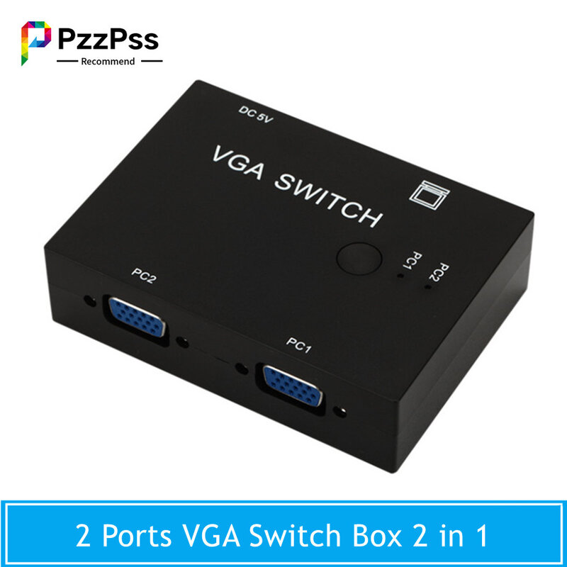 PzzPss 2 In 1 Out VGA 스위처 2 포트 VGA 스위치 박스 VGA 콘솔 셋톱 박스, 2 호스트 공유 1 디스플레이 노트북 프로젝터