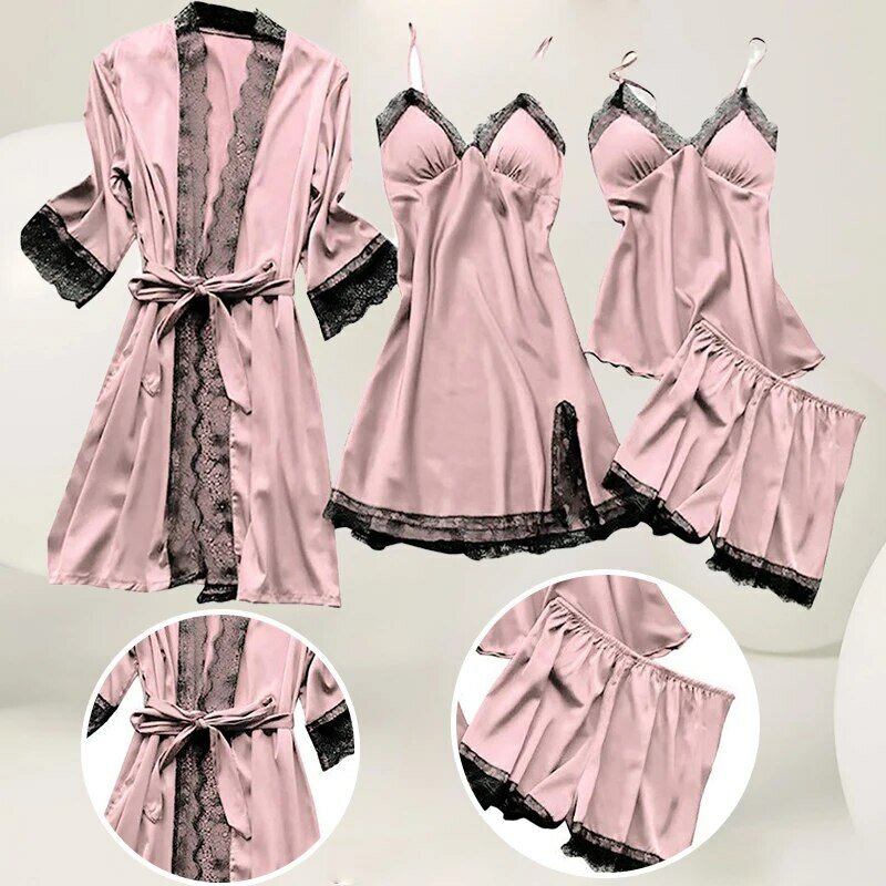 4 шт., пижамный комплект, шелковая женская ночная рубашка, кружевное платье, халат, ночное белье, шелк, Одноцветный пижамный комплект