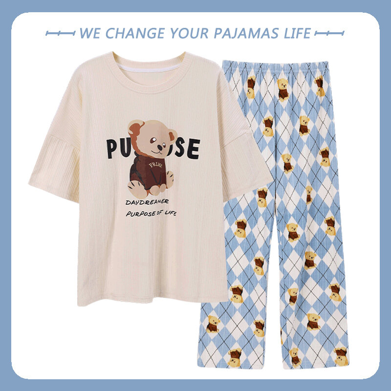 Conjunto de pijama de algodón para mujer, ropa de dormir corta, moda coreana, para el hogar, envío directo