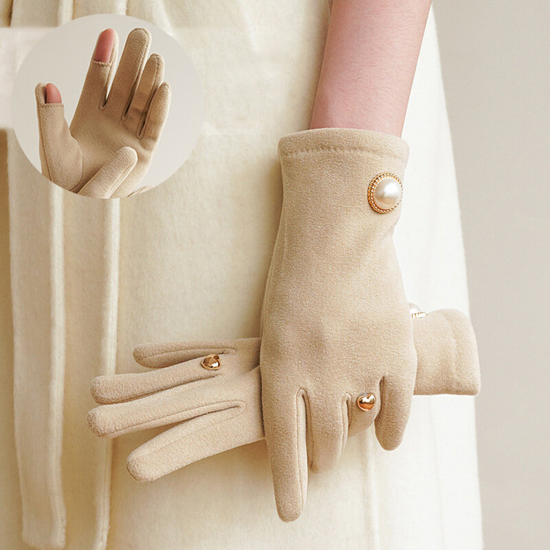 Luvas de tela de toque sem dedos para mulheres, luvas de dedos cheios, grossas, quentes, mãos, ciclismo, dirigir, senhora, moda, inverno