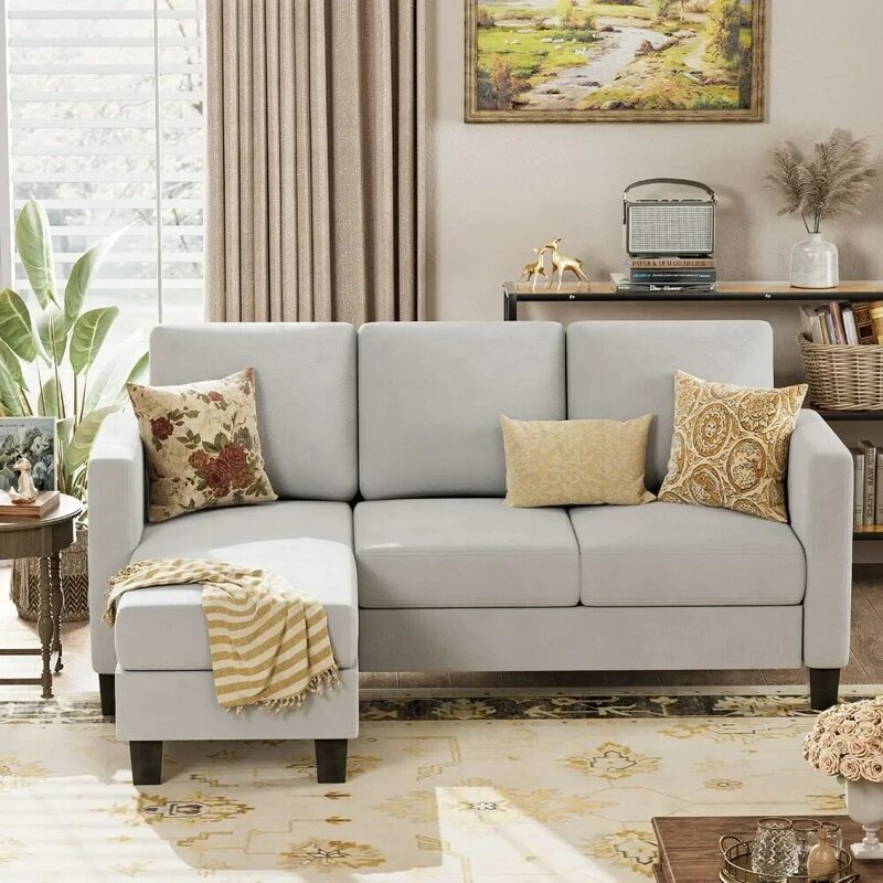 YESHOMY-Conversível em forma de L sofá assento com tecido de linho moderno, pequeno sofá secional, cinza claro, 70 ", Novo