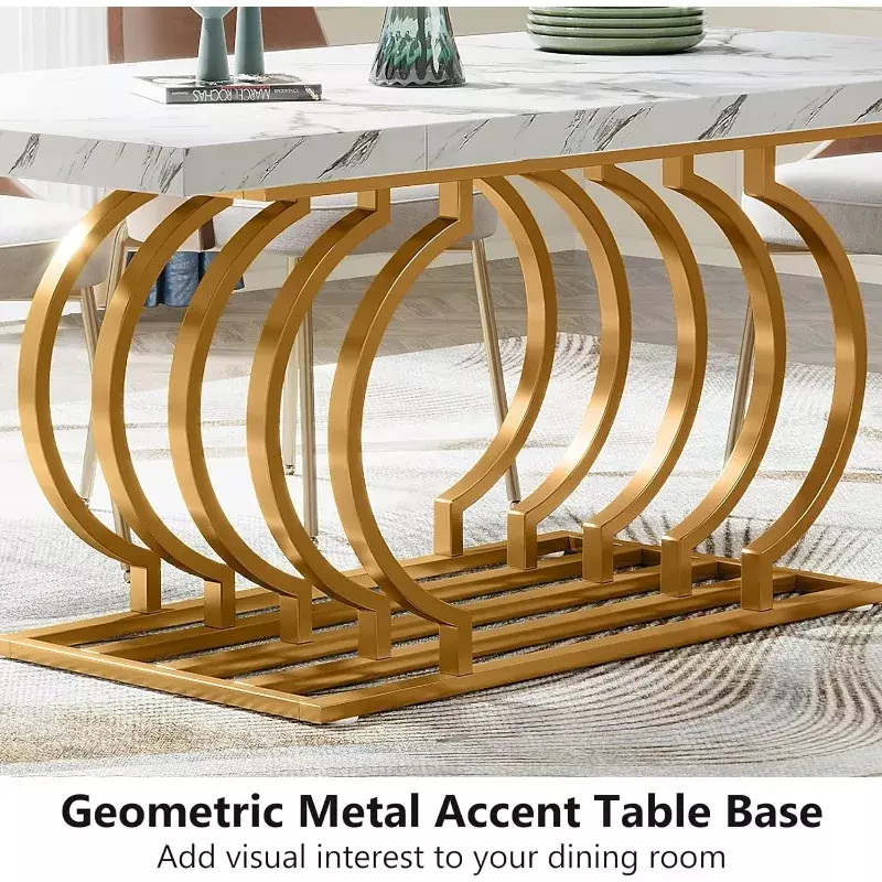 6人用のモダンなダイニングテーブル、幾何学的なフレーム付きの長方形、フェイクマーブルウッド製、63インチ
