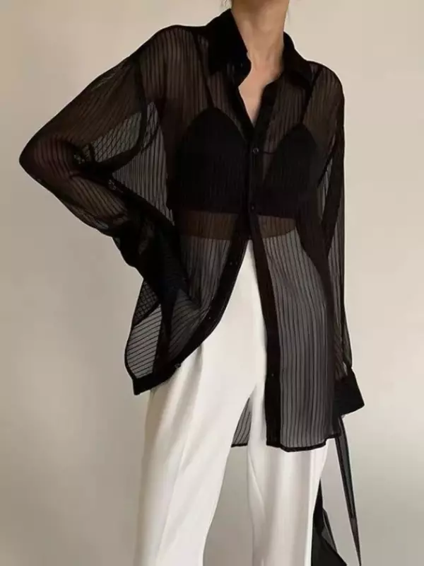 여성용 블랙 블라우스, 섹시한 시스루 스트라이프 셔츠, 오버사이즈 캐주얼 루즈 싱글 브레스트 얇은 상의, 한국 패션, 여름