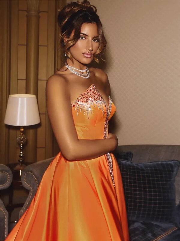 Classic Satin A-Line prom Dress 2024 Sexy Strapless Evening Dresses Elegant Sleeveless Floor-Length Gown Vestidos De Novia