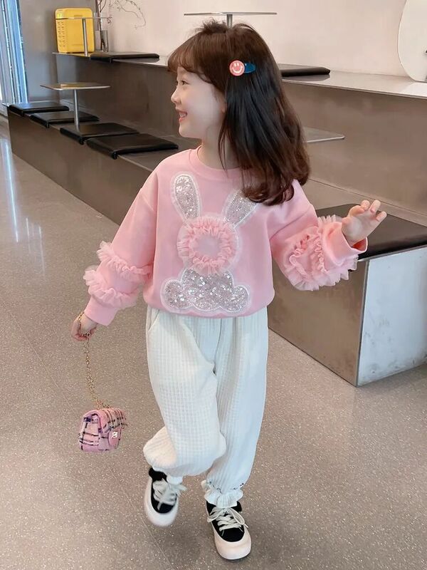 Spring Autumn Girls Baby Sweater T-shirt New Girls Foreign Pullover Korean Casual Bottom Shirt Children's Pink  Long Sleeve Top