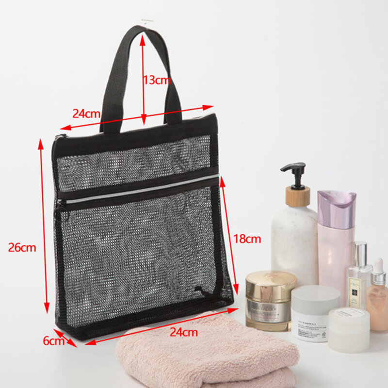 Double Zip Mesh Cosmetic Bag Saco de higiene pessoal portátil Caso de armazenamento de beleza Grande capacidade Saco de lavagem de banho Saco de praia