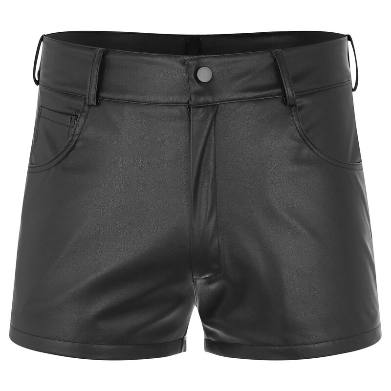Black Mens PU Leather Shorts Casual Streetwear Fashion Low Waist Zipper Crotch Shorts Halloween Festivals Clubwear Pole Dance
