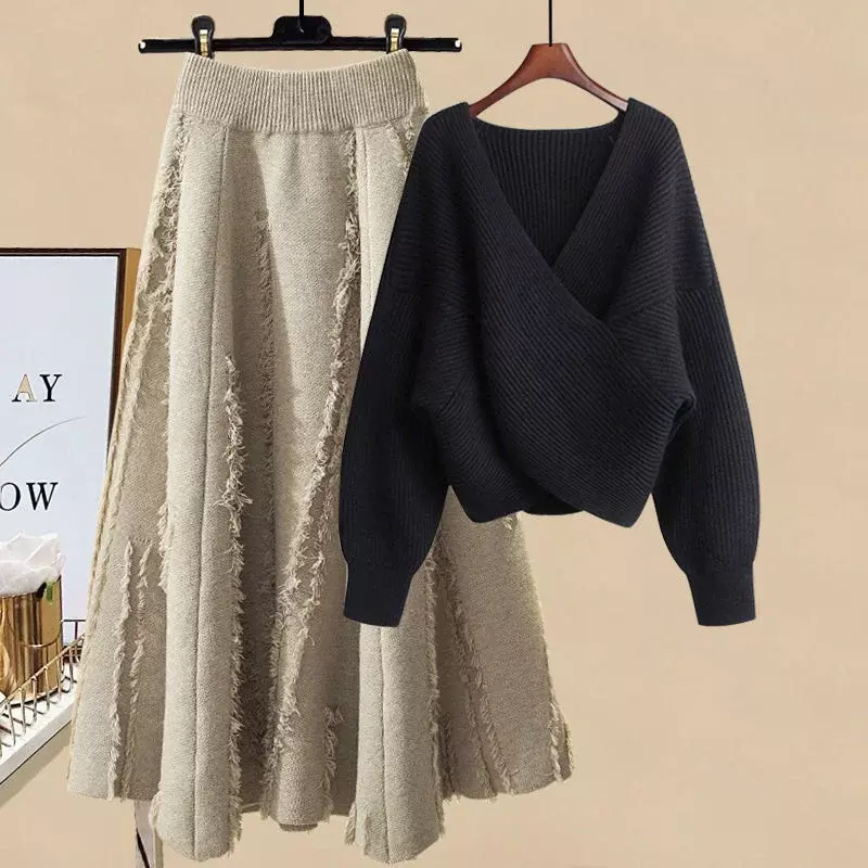 Jersey de punto de Color sólido para mujer, suéter de manga larga o falda delgada o traje, vestido simple informal de otoño e invierno, nuevo V1333