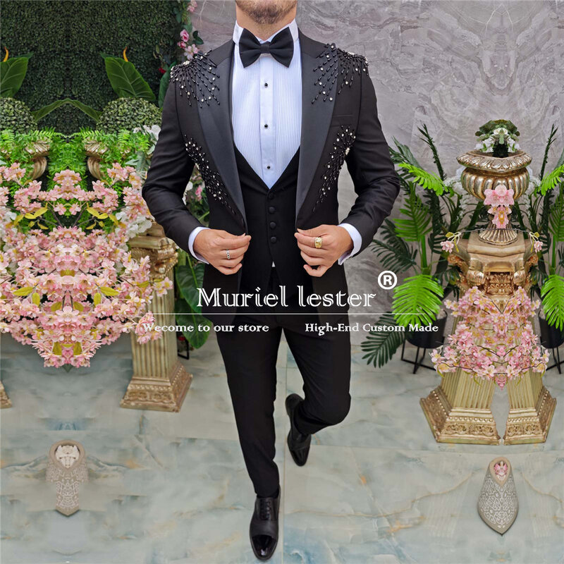 Pakaian pria hitam, pakaian untuk pernikahan buatan tangan batu manik-manik jaket rompi celana 3 Piece Banuqet pria Formal pengantin pria tuksedo Bespoke Prom Blazer