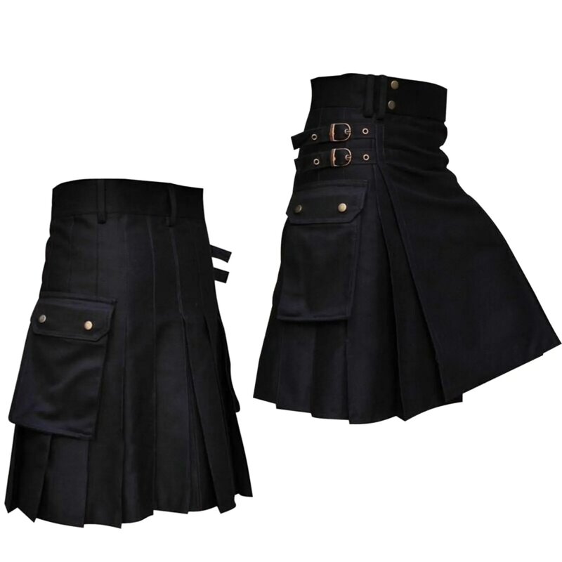 Falda plisada con cinturón de Metal para hombre, falda de alta calidad con bolsillos, Color sólido, estilo gótico, Guerrero Vintage, 2023