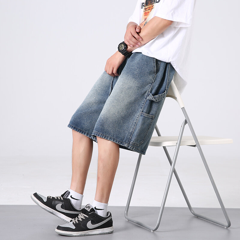 Fashion Elastic Lace Up Loose Washed Straight Denim Shorts Men's Clothing 2024 Summer New Oversized Solid Color Casual Shorts