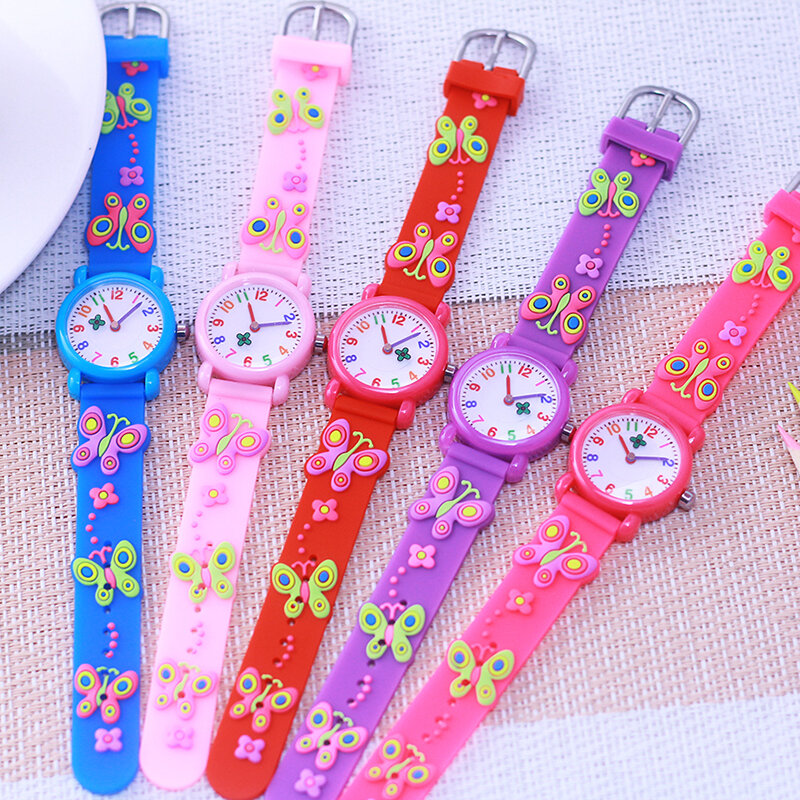 Jam tangan Quartz putar kupu-kupu 3D wanita lucu cantik bunga merah muda ungu lima warna untuk pelajar bayi