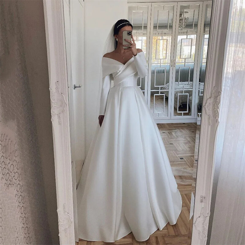 Gaun pengantin elegan lengan terbuka leher V silang A-line sederhana 2024 gaun pernikahan untuk wanita menyapu kereta gaun pengantin Vestidos De Noiva
