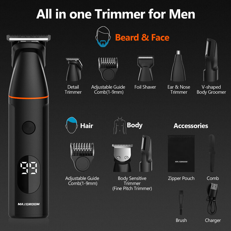 MAXGROOM 4 in 1 Body Hair Trimmer Kit for Men Pubic Shaver Hair Nose Beard Trimmer Electric IPX6 Waterproof Groin Shaver for Man