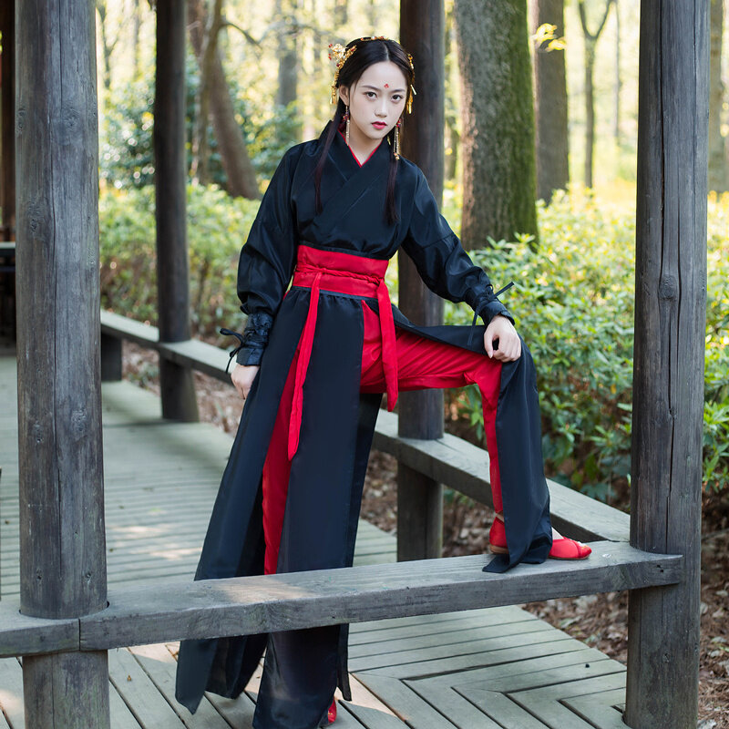Abito cinese nero arti marziali Hanfu Robe ricamo abiti da donna stile cinese danza popolare Costume Cosplay abbigliamento tradizionale
