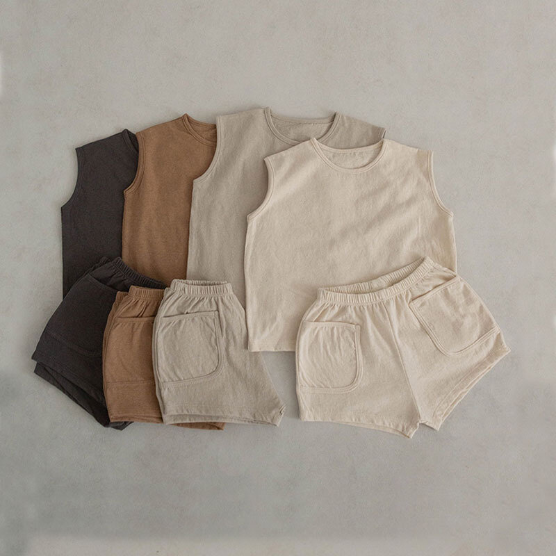 ชุดเสื้อกล้ามกางเกงขาสั้นสำหรับเด็กทารกชายชุดสองชิ้นเสื้อกั๊กผ้าคอตตอนสีพื้นผ้าคอตตอน100% สำหรับฤดูร้อน