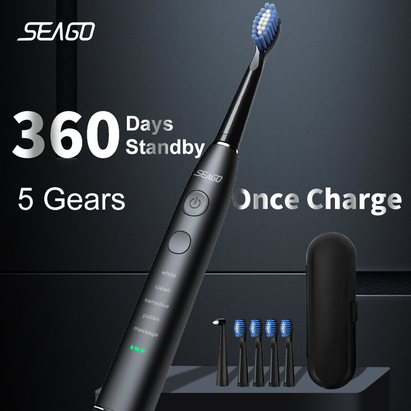 Seago 성인용 USB 충전식 전동 음파 칫솔, 교체용 헤드 4 개, 긴 배터리 수명 360 일, 선물 SG-575