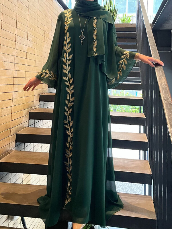 Abaya Muslim Lebaran untuk wanita gaun bordir dengan syal 2 potong Set Dubai Arab jubah panjang Maroko Abaya Kaftan jilbab cantik