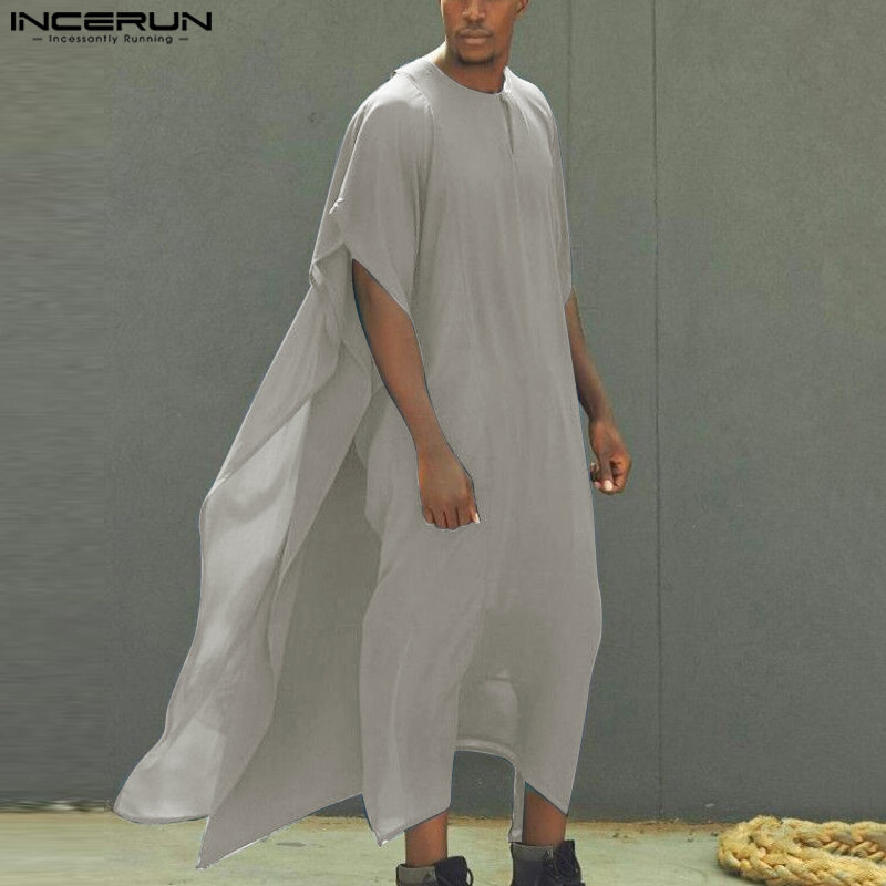 INCERUN 2023 Muslim Style Men's Long-style Kaftan Robe Casual Simple Robe Male Solid Comfortable Short Sleeve Jubba Thobe S-5XL