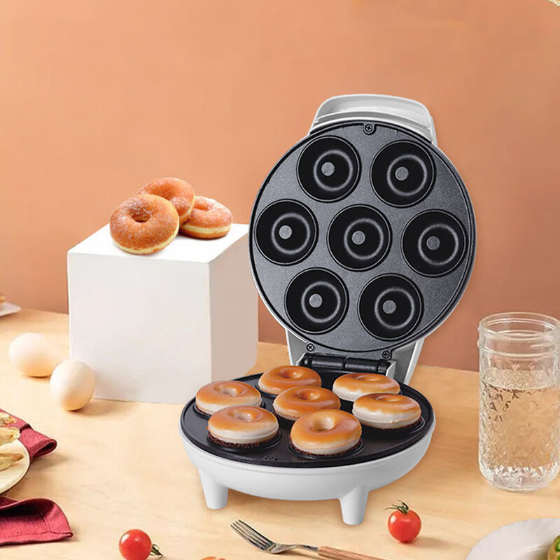 Mini máquina de fazer donuts para crianças, superfície antiaderente, cor branca, eletrodomésticos, café da manhã, lanche, sobremesas, faz 7 donuts