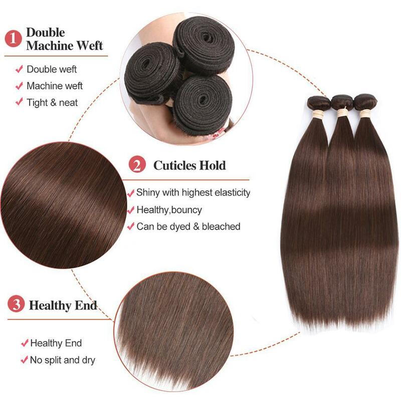 Pacotes retos de cabelo humano para mulheres, extensão brasileira Remy, castanho chocolate, 10A, 10-32in, 1 PC, 3 PCs, 4 PCs