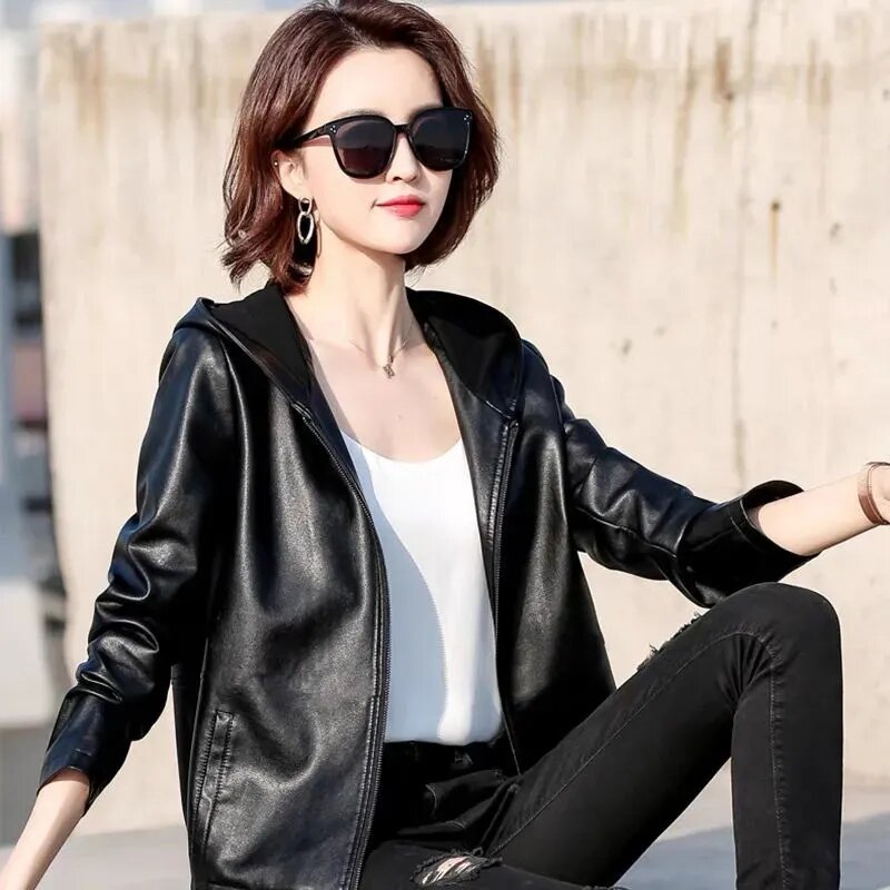 2023 New Spring Autumn PU Leather Jacket Women's Short Slim Small Coat Hooded Casual Outerwear Loose Outcoat Female Tops Tide