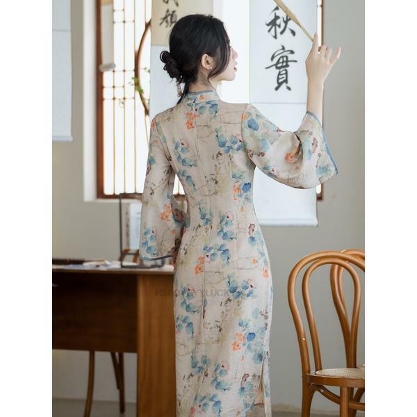 Vestido chino Qipao de primavera y verano para mujer, estilo chino, Oriental, Vintage, elegante, Floral, Cheongsam