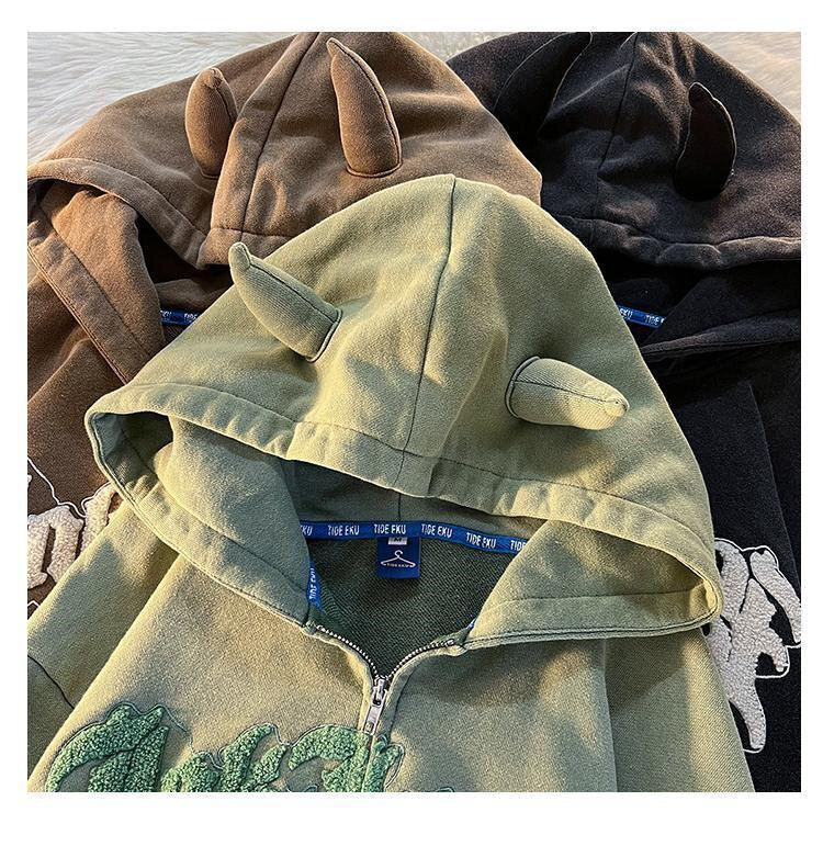 Harajuku Engel Ohren Hoodies Frauen Retro Oversize Zipper Brief Stickerei Sweatshirts Herbst Y2K Langarm Mit Kapuze Jacken Tops