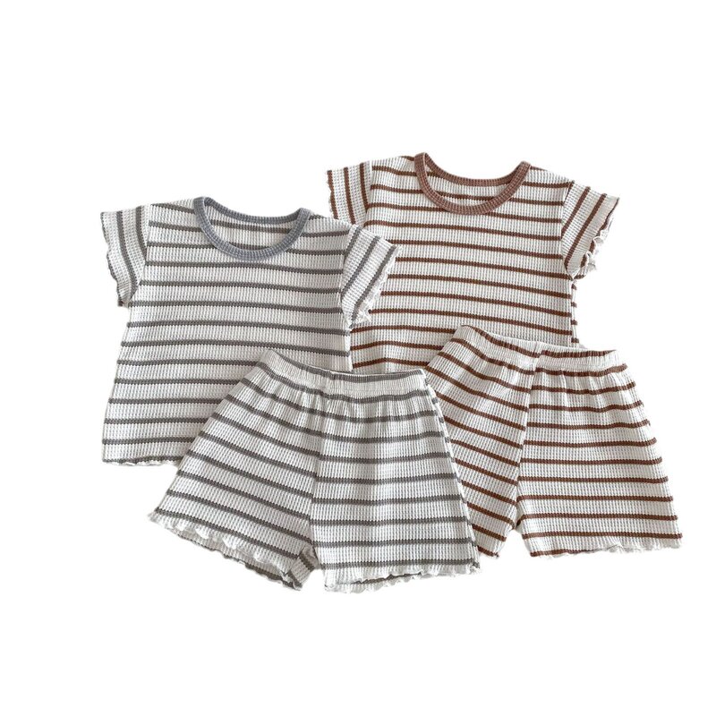 2024 New Korean Style Air Conditioning Striped Color Collision Short-sleeved Home and Outfits Children's Set  Kids Clothes
