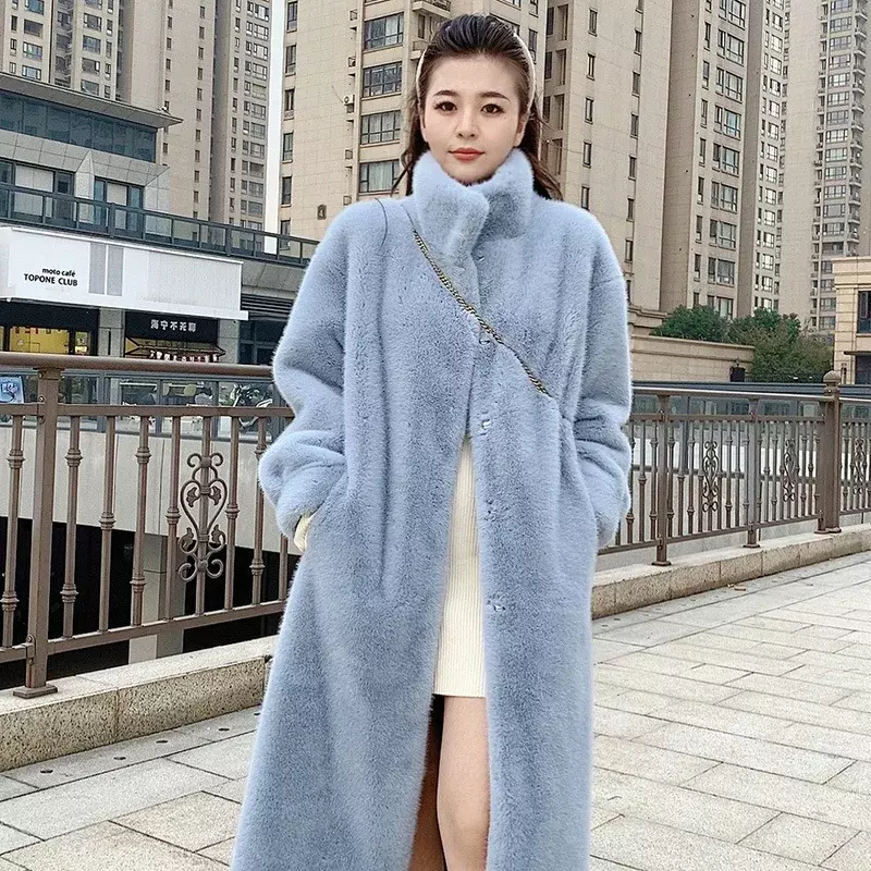 Koreanische Frauen solide volle Ärmel Kunst pelz Mantel Stehkragen lässig Slim Fit regelmäßige dicke Mäntel Spleiß Herbst Winter 2023