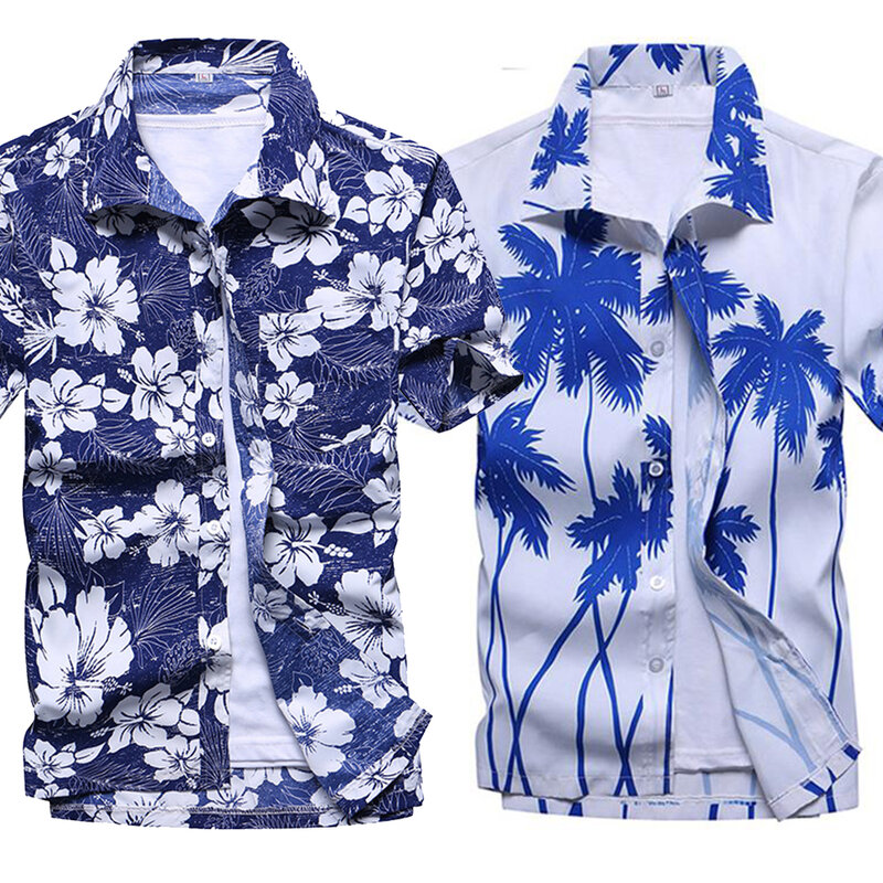 Men Street Fashion Summer Daily Shirt Hawaiian Flower Palm Tree Print Casual Loose Shirts Short Sleeve Beach Loose Tops Clothing