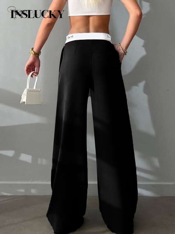 InsLucky-повседневные Прямые брюки для женщин, Костюмные брюки с высокой талией, пэчворк с буквенным принтом, свободные длинные брюки, для офиса для женщин, элегантные
