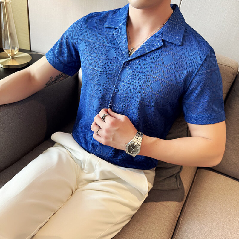 2024 Summer New Short Sleeve Fashion Suit Collar Shirts High Quality Korean Luxury Hollow Lace Men Slim Fit Social Dress Shirts