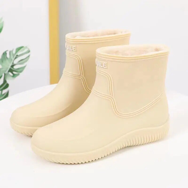 Women's Autumn Winter Rain Shoes Thick Bottom Non Slip High Top Cover Foot Plush Insulated Rain Shoe Fashionable Working Shoe
