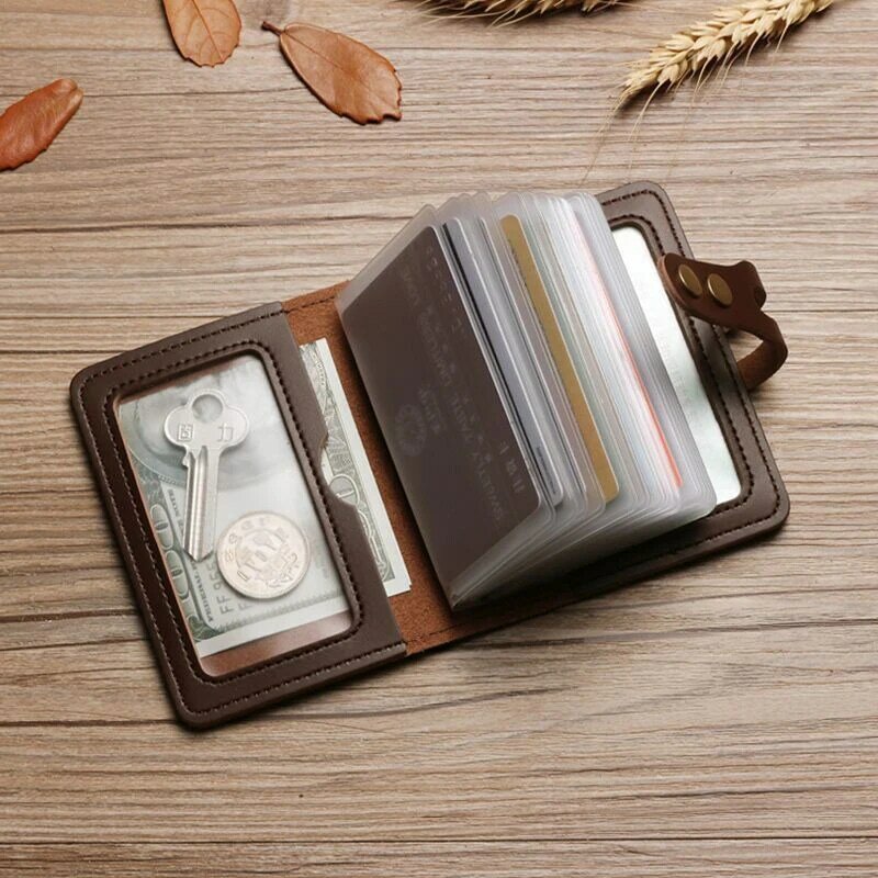 Bolsa vintage de cartão de couro antifurto para homens, carteira translúcida de cartão de visita, suporte antifurto, caixa de cartão bancário e de crédito, grande capacidade