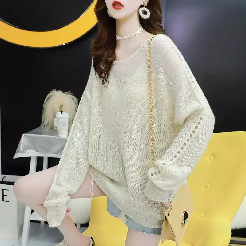 Spring Autumn Thin Solid Loose Slash Neck Hollow Out Streetwear Sweet Sexy Patchwork Women's Clothing Sweaters Pullovers Z257
